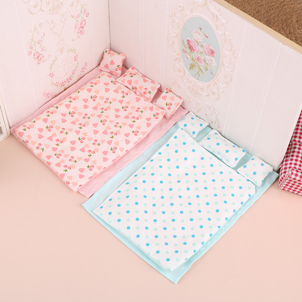 1Set 1:12 Dockhus Miniatyrsäng Fyra delar Lakan Quilt Pi Blue