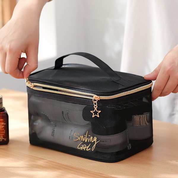 Svart mesh kosmetisk väska kvinnor resor Casual dragkedja case Organiz Semicircle bag
