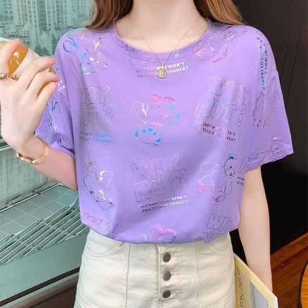 Fashion Bear Printed T-shirts Summer Women Loose Short Sleeve R Purple S