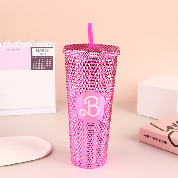 710 ml Barbie glasflaska Barbie rosa kopp med halm Kawaii Pink