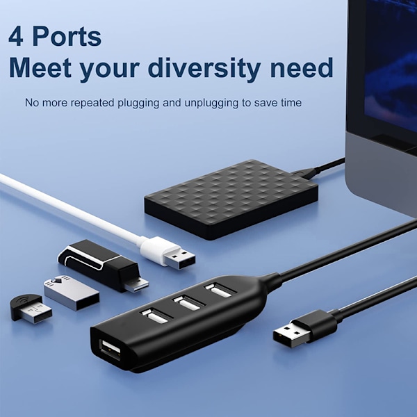 4 Port High Speed ​​USB Hub Med Kabel Mini USB Splitter Hub För Black