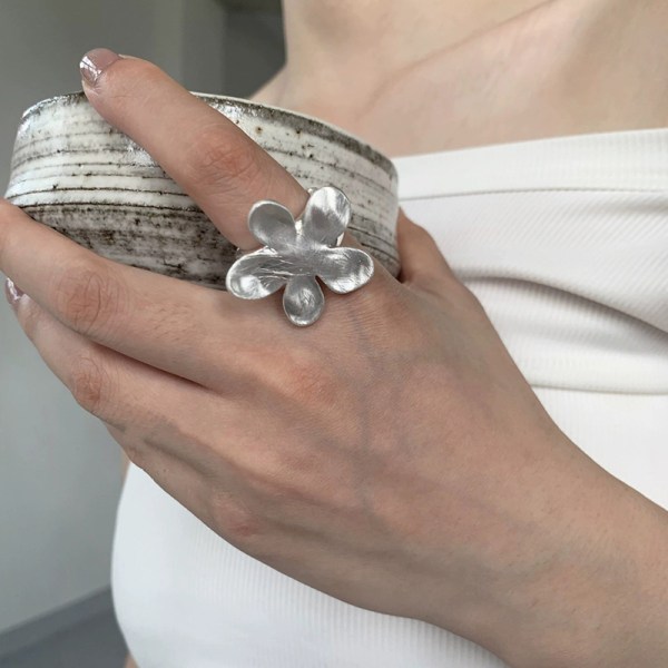 Lätt Lyx Stor Blomma Form Öppna Ringar Överdriven Justerbar Silver