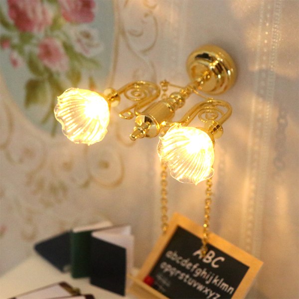 1:12 Dockhus Miniatyr LED-taklampa Ljuskrona Droplight Gold