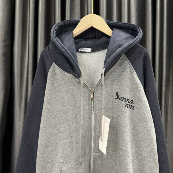 Retro Kontrastfärg Printed Loose Zipper Hoodie Coat F Gray XL
