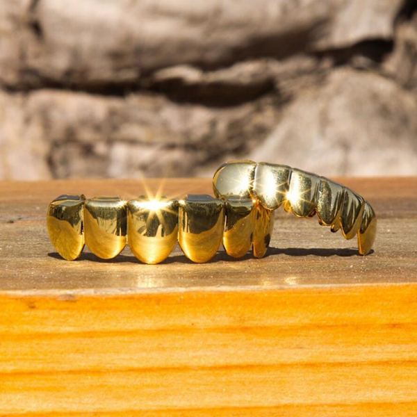 Nya anpassade 14k guldpläterade Hip Hop Grillz -kepsar Topp &amp; botten Gr 4