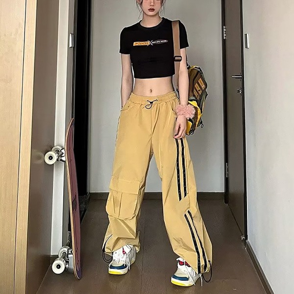 Vintage Y2k Wide Leg Byxor Cargo Oversized Casual Sports Jogger Yellow L