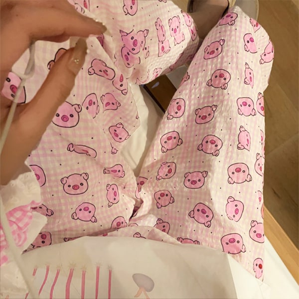 Fashionabla elastiska högmidjade e Cartoon Piggy Home Casual Wi Pink L