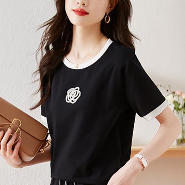 Set Kvinnor Sommar Kortärmad T-Shirt Blommig Pullover Stickat Black L