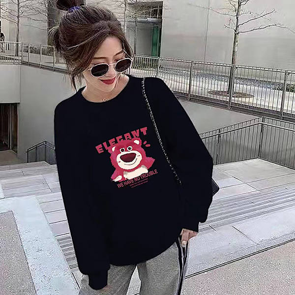 Höst tecknad björn printed hoodie kvinnor rund hals lång ärm F XL