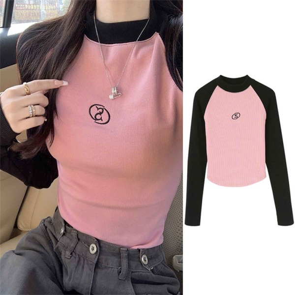 Bokstavsbroderi för kvinnor med rund hals, långärmad t-shirt S Pink XL