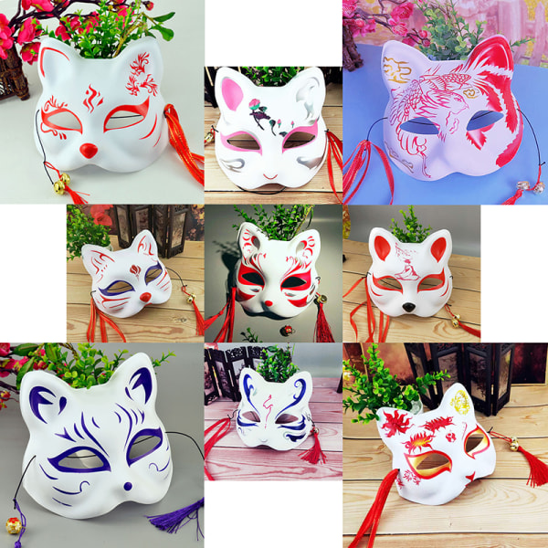 Handmålad Half Face Fox Kitsune Mask Halloween Cosplay Masq C1