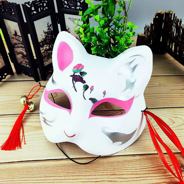 Handmålad Half Face Fox Kitsune Mask Halloween Cosplay Masq C1