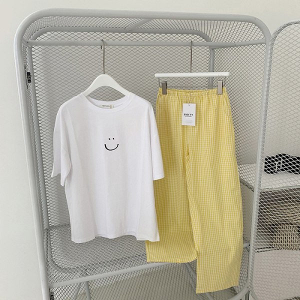 Nya sommarpyjamas kvinnor n kortärmade långa byxor Rutig kostym Yellow