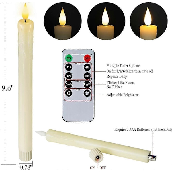 Ægte Voks LED Flammeløse Spidse Lys Med Fjernbetjening Timer, 9,6 Tommer Elfenbensfarvede Lysestager, Drypfri Batteridrevet 3D Flimrende Flamme Til Pejs Xm