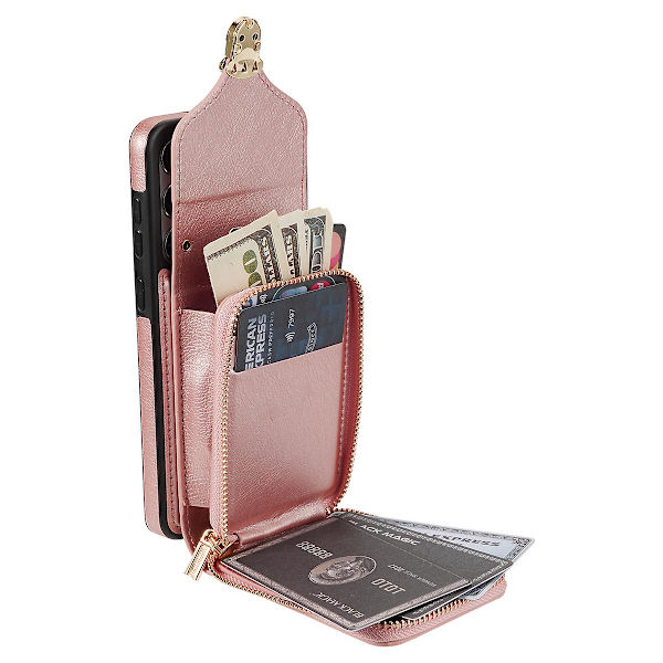 Samsung Galaxy S24+ Fodral i PU-läder + TPU-kickstand med axelrem Rose Gold