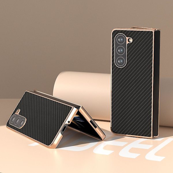 Elektropläterad kolfiberstruktur PU-läderbelagd PC-telefonfodral för Samsung Galaxy Z Fold5 5g Black