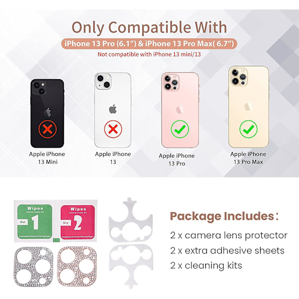 [2-pakkaus] Bling-kameran linssisuojat yhteensopivat iPhone 13 Pro Max 6.7 tuuman ja 13 Pro 6.1 tuuman kanssa Glitter Diamond Crystal Metal Lens Protective Decorat