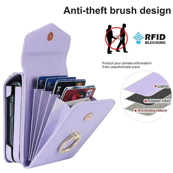 Til Samsung Galaxy Z Flip4 Litchi Texture Rfid Kortslot Mobiltelefon Etui Med Ringholder Purple