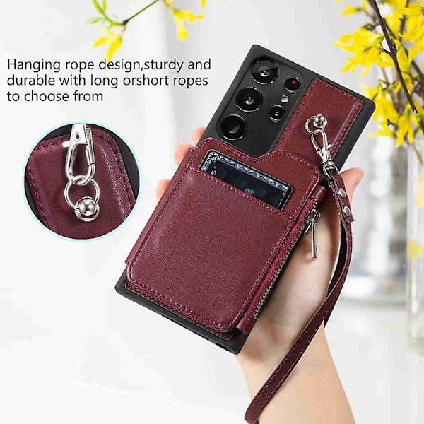 Samsung Galaxy S23 Ultra 5g -vetoketjulla varustettu RFID-matkapuhelinkotelo Wine Red
