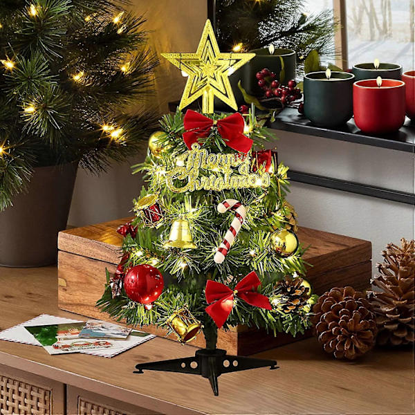 12 tum mini bordsjulgran, konstgjort julgran, med LED-ljusslinga och julhusdekorationer