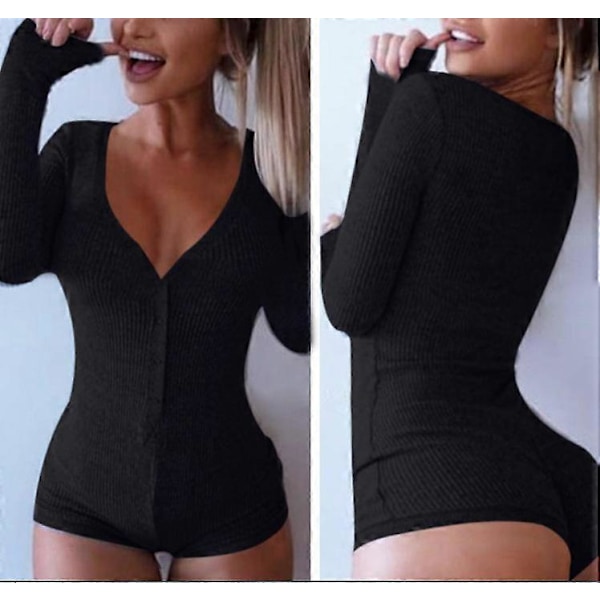 Sexy V-hals Bomuld Bodystocking med Lange Ærmer Efterårsbeklædning Sexy Slim Kort Bomuld Strikket Bodycon Bandage Jumpsuit 2019 Black M