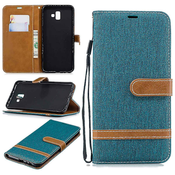 Kaksiväri Jeans-kangas Nahkainen Matkapuhelinkotelo Korttipaikoilla Samsung Galaxy J6 Plus/J6 Prime Green
