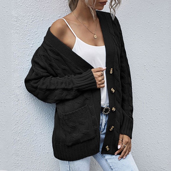 Dam Cardigan med Öppen Framkant och Fickor i Midilängd, Enfärgad Black L
