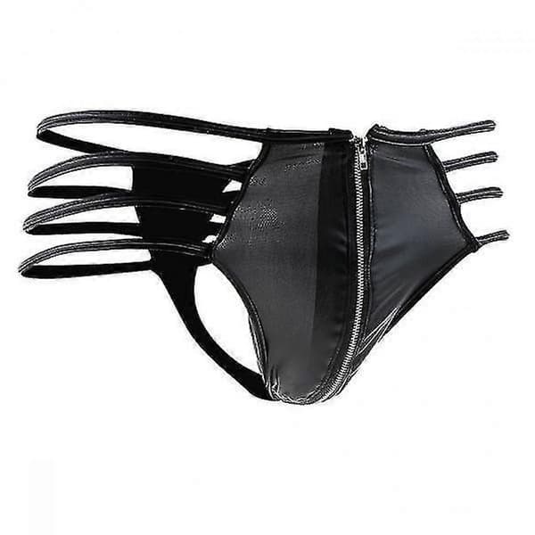 2x Herre Sort PU Læder String Front Lynlås T-Back Undertøj Underbukser