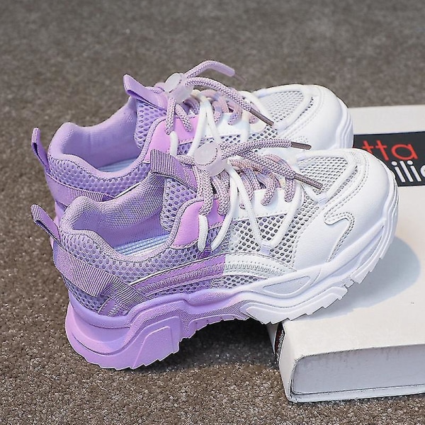 Barnmode Sneakers med tjocka sulor för flickor 2022 Barn Vår Mjuksulor Färgblockerande Casual Sportskor Förhöjning Pojkar (lila) Purple 33