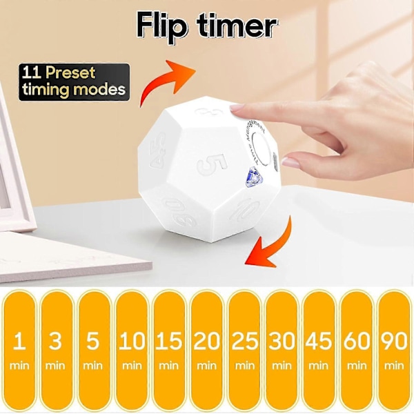 Cube Timer, Time Management Dodekaeder Timer, Timer til Børn, Køkken Timer til Madlavning, Produktivitets Pomodoro Timer White