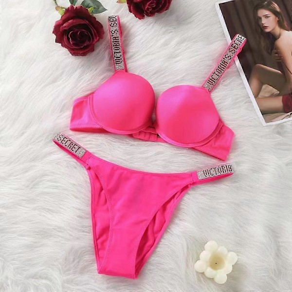 Ny Lingerie Damuppsättning - Het Spets, Sexig Push-Up BH, Hemlig BH-Set 80C Pink