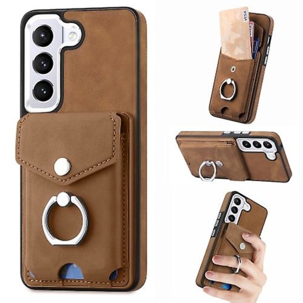 For Samsung Galaxy S23 Ultra 5g Galvanisering Skinn-følelse Lær Ring Kortlomme Mobiltelefon Deksel Brown