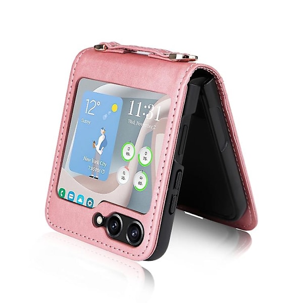 För Samsung Galaxy Z Flip5 Crossbody Card Slot Läder Mobiltelefonfodral Pink