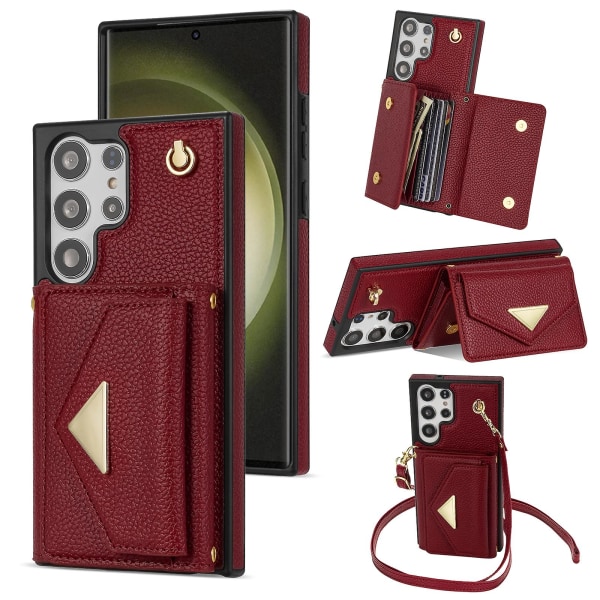 Til Samsung Galaxy S24 Ultra Etui Organ Kort Taske Læder+tpu Cover Med Skulderrem Wine Red