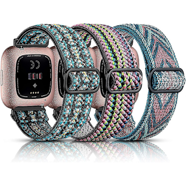 3-pak Elastisk Bånd Kompatibelt Med Fitbit Versa/fitbit Versa Lite/fitbit Versa 2 Remme Til Kvinder Mænd, Justerbar Elastisk Nylon Solo Loop Håndledsrem