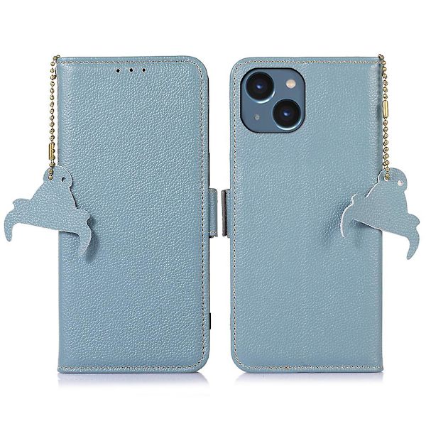 Plånboksfodral i läder med RFID-blockering för iPhone 15 Blue