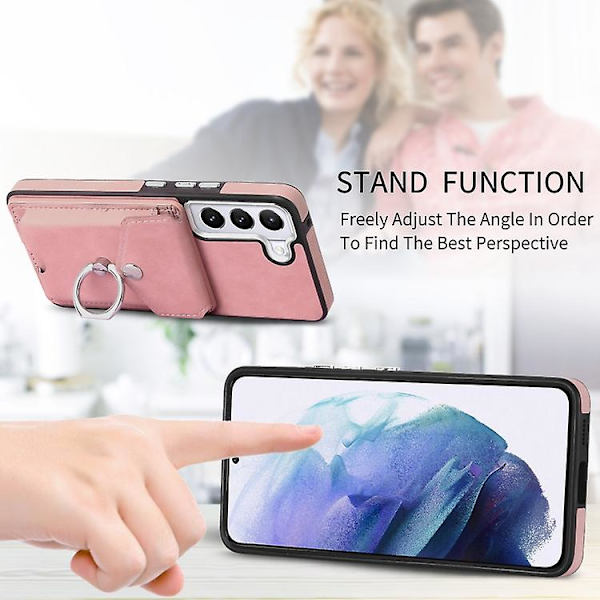For Samsung Galaxy S23 Ultra 5g Galvanisering Hudfølelse Lær Ring Kortlomme Mobiltelefon Deksel Pink