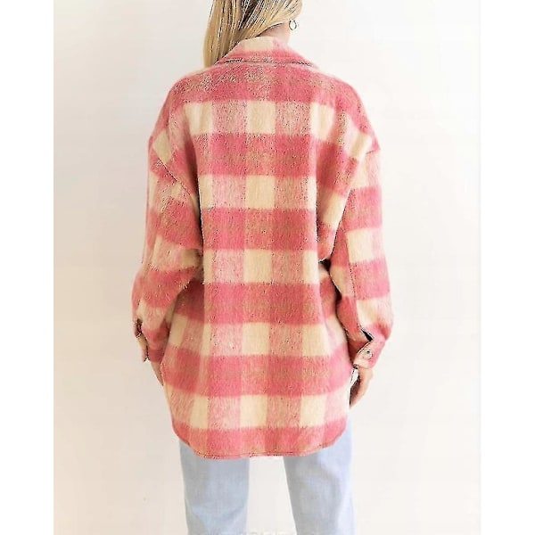 Vinter Ulljakke Casual Rutete Flanell Shacket Jakke Oversized Knapp Ned Lang Ermet Høst Skjortejakke Kåpe Topper Jakke Kvinner S PINK