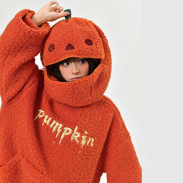 Dame Hættetrøje Langærmet Sweatshirt Dobbeltsidet Fleece Halloween Græskar Udklædning Løs Komfort XL