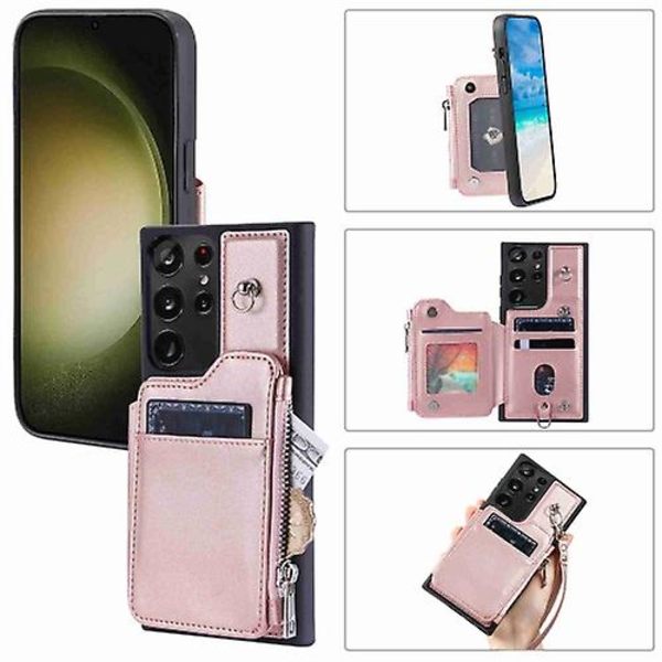 For Samsung Galaxy S23 Ultra 5g Glidelås Kortspor Rfid Mobiltelefondeksel Rose Gold