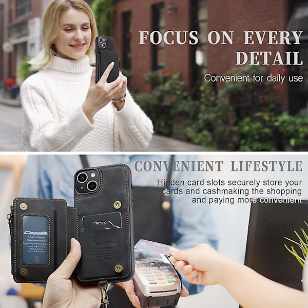 Caseme C20 Multifunktionell RFID Läder Mobiltelefonfodral för Iphone 15 Black 15 Plus
