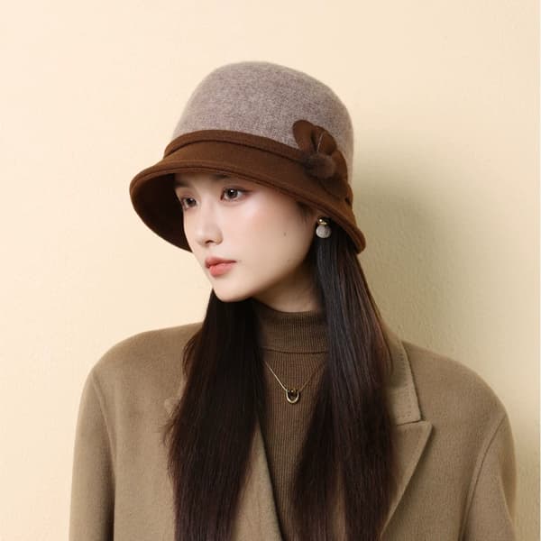 Uld bucket hat til kvinder til efterår og vinter, varm og elegant, britisk retrostil Beige