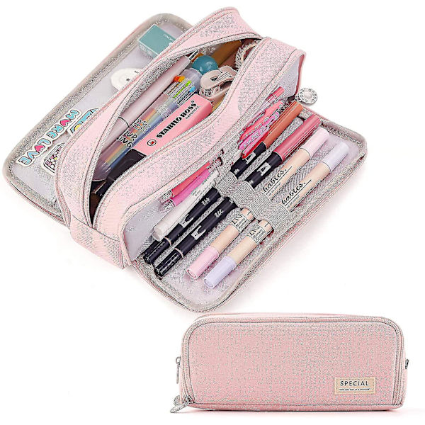 Etui med stor kapacitet, 3 rum, pennepose til skole, teenager, pige, dreng, mand, kvinde (pink)