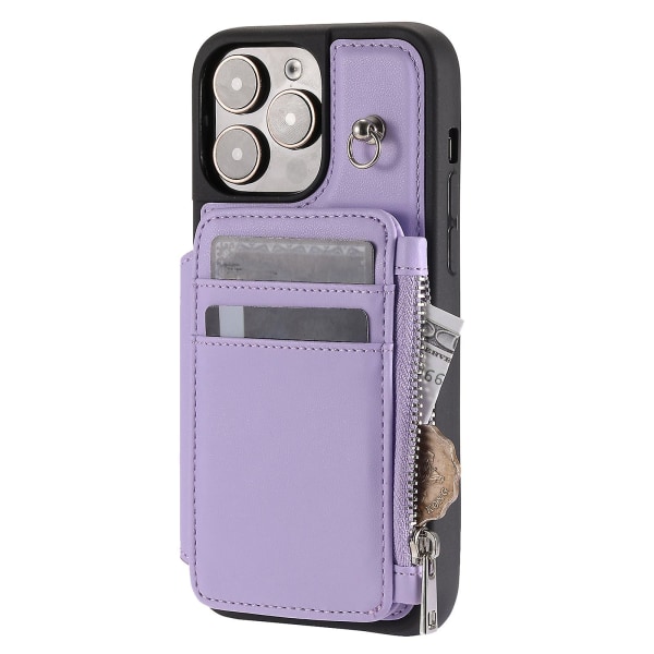 For iPhone 15 RFID-blokkerende PU-lær + TPU-telefondeksel lommebokdeksel kortholder med håndleddsstropp Purple