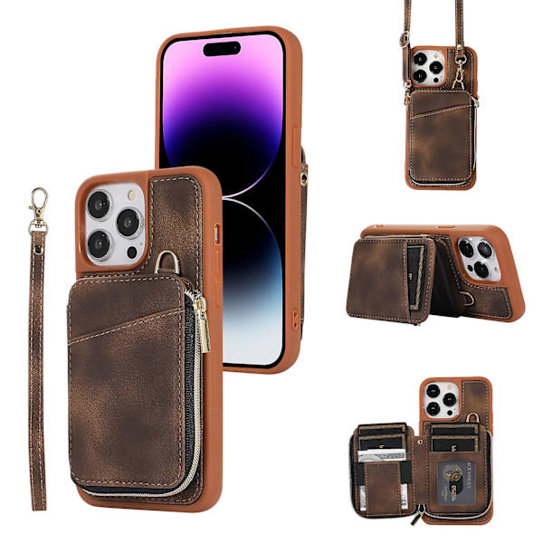For Iphone 15 Pro Max Glidelås Lommebok Telefondeksel Stativ Pu Lærbelagt Tpu Etui Brown