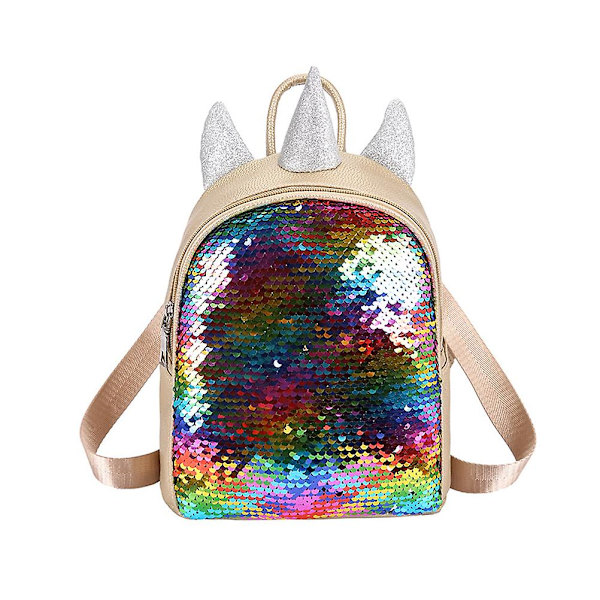 Sequin Unicorn Gave PU Rygsæk til Piger Sequin Rejse Rygsække Skoletaske (Guld)