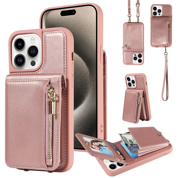 For Iphone 15 Pro Etui Faldsikkert Pu+tpu Kickstand Lynlås Pung Telefonbeskytter Rose Gold