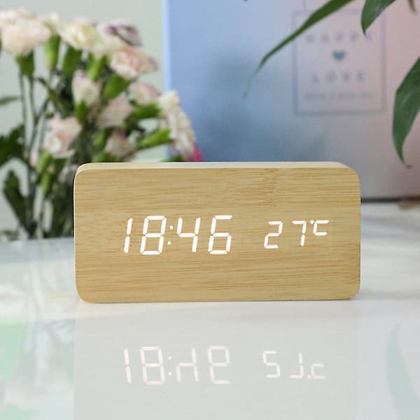 Smart multifunktionelt vækkeur LED-display lysende temperatur dobbelt display vækkeur USB træur Rectangular bamboo White light