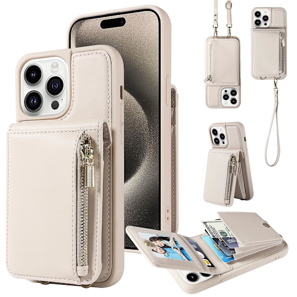 For Iphone 15 Pro deksel fallsikkert Pu+tpu Kickstand glidelås lommebok telefonbeskytter Beige