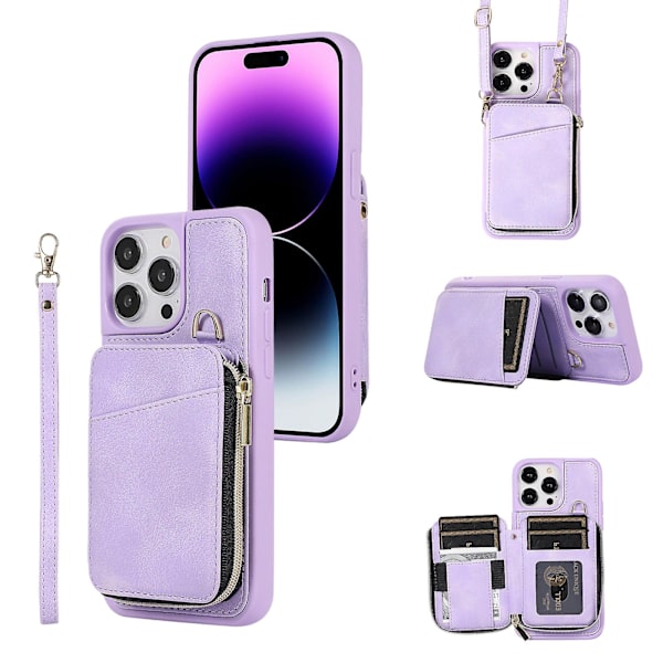 For Iphone 15 Pro Max Glidelås Lommebok Telefondeksel Stativ Pu Lærbelagt Tpu Etui Purple